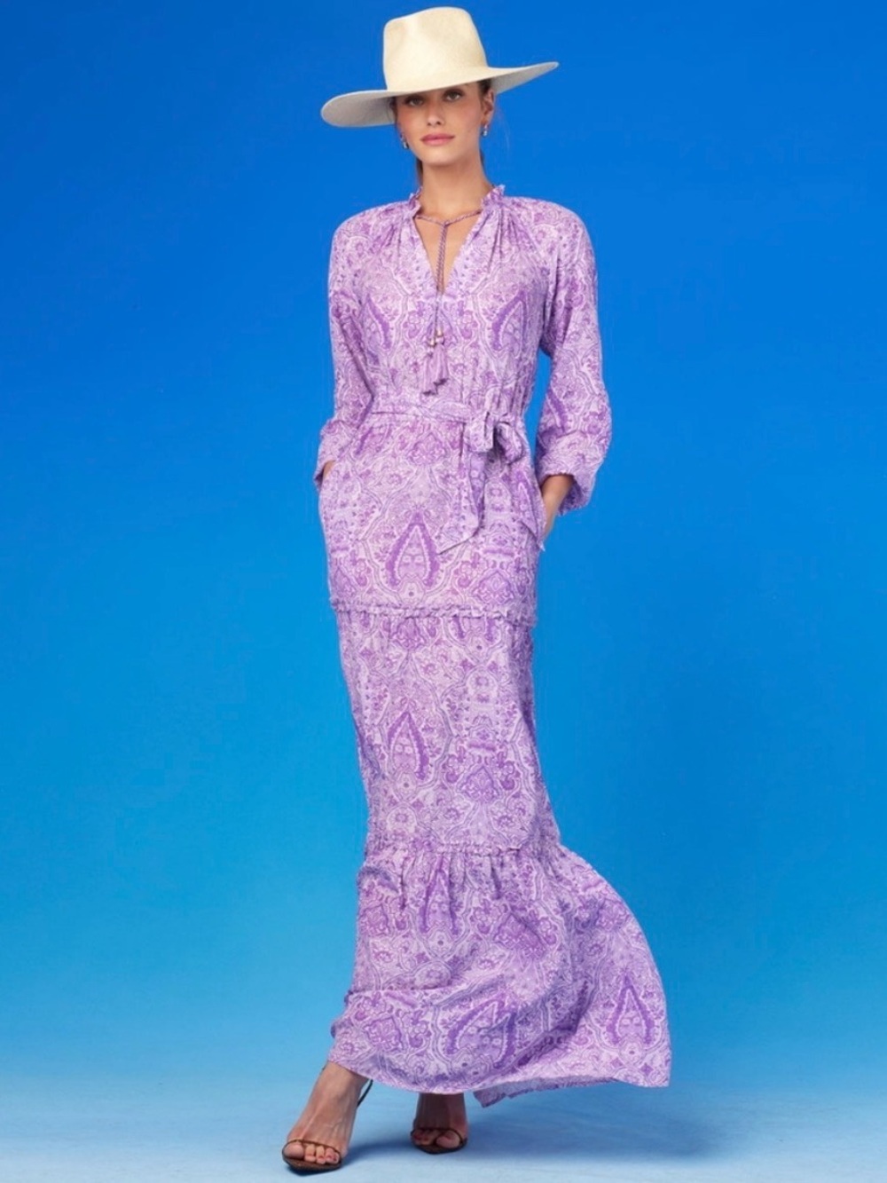 NicoBlu Lavender Paisley Maxi Dress with Tie Waist Size 4
